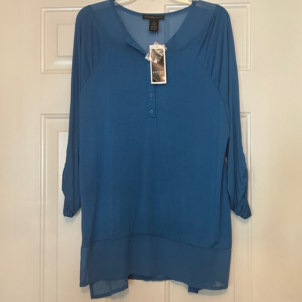 Design History Tunic Top 1X Beach Blue Sheer Hem STYLE: MW1439B Roll Tab Sleeve